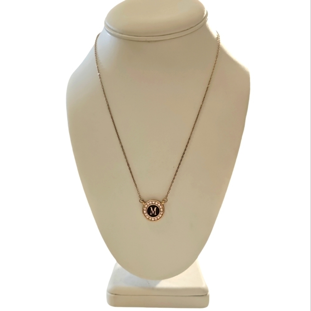 24K Gold Plated Rhinestones and Enamel inlay initial M circle necklace